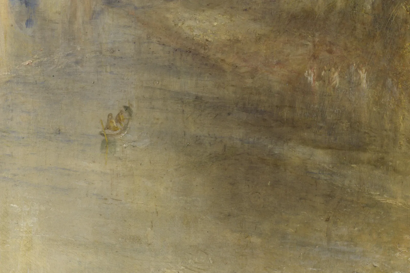 Detail of Turner's Rain, Steam and Speed: a small boat on the Thames in hazy light