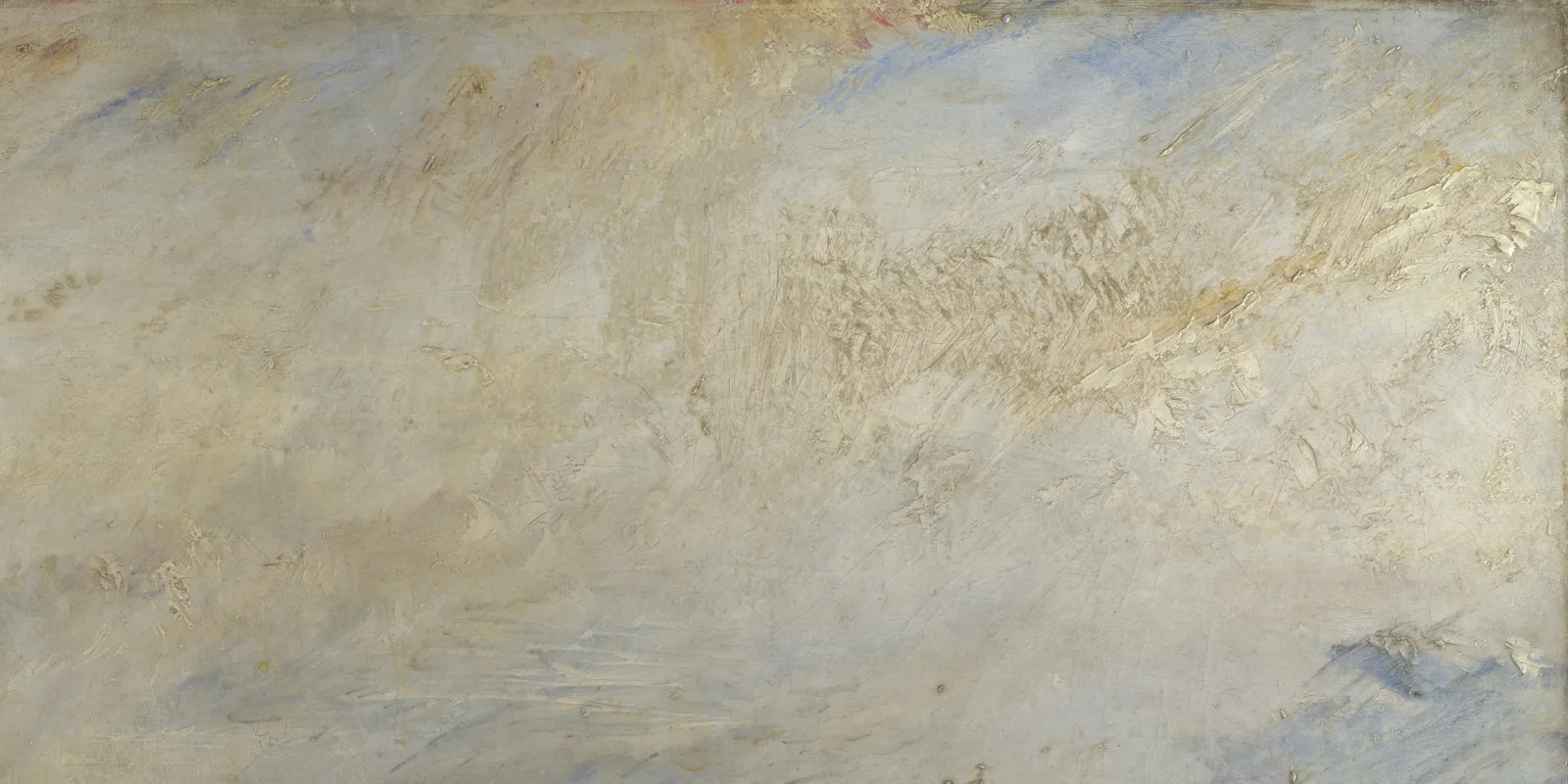 Detail of Turner's Rain, Steam and Speed: a sky of gold, white and pale blue brushwork