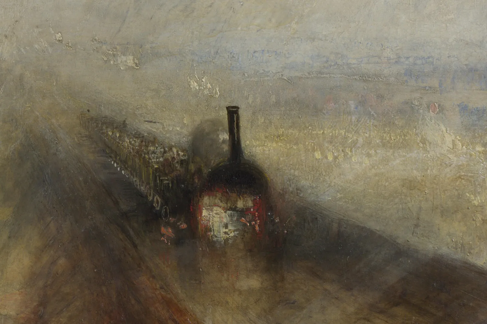 Detail of Turner's Rain, Steam and Speed: the locomotive's black chimney and red firebox emerging from steam