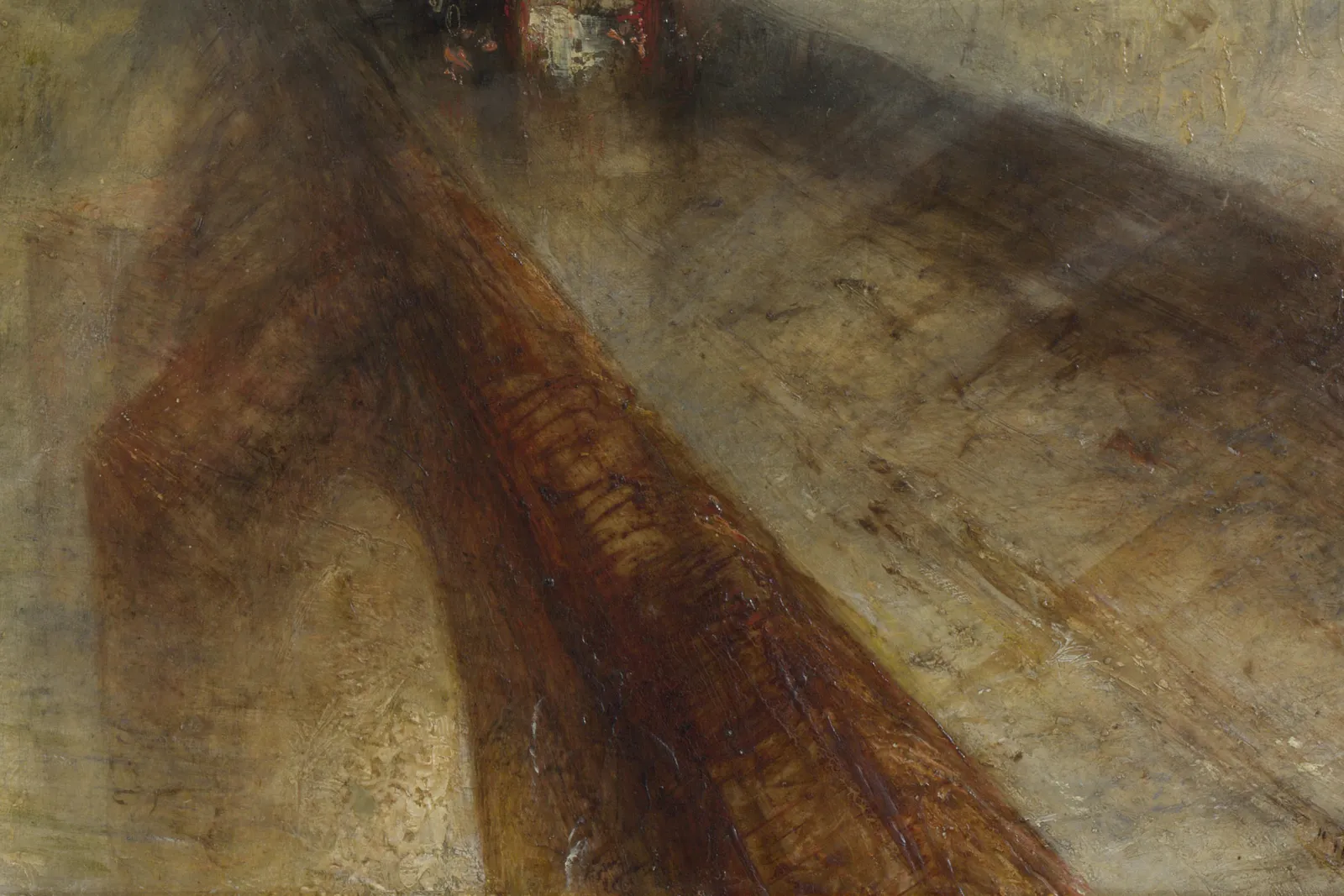 Detail of Turner's Rain, Steam and Speed: the dark diagonal of Brunel's railway bridge cutting across the river